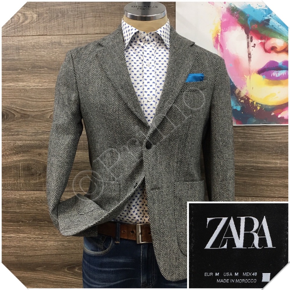 ZARA Mens Tweed Blazer Sport Coat Casual Jacket Size M (40) Modern Wool Suit